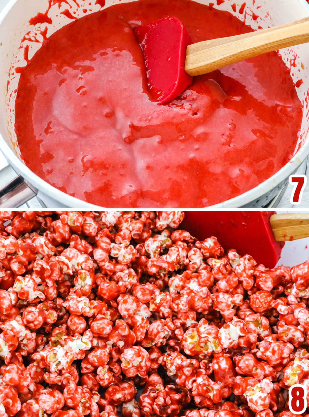 Collage image showing the steps for tinting the caramel mixture red.