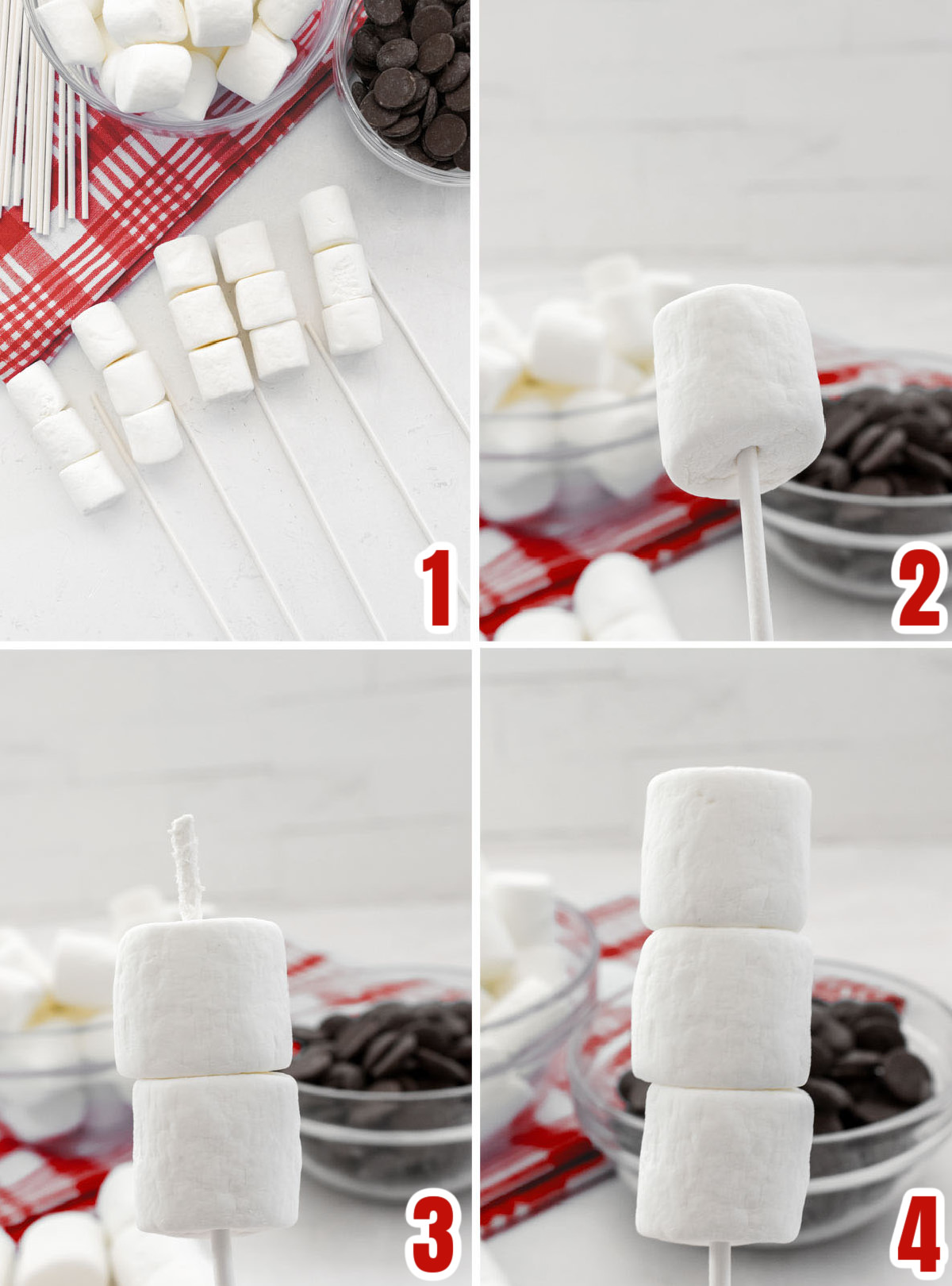 Collage image showing the steps for placing the Marshmallows on the lollipop sticks.