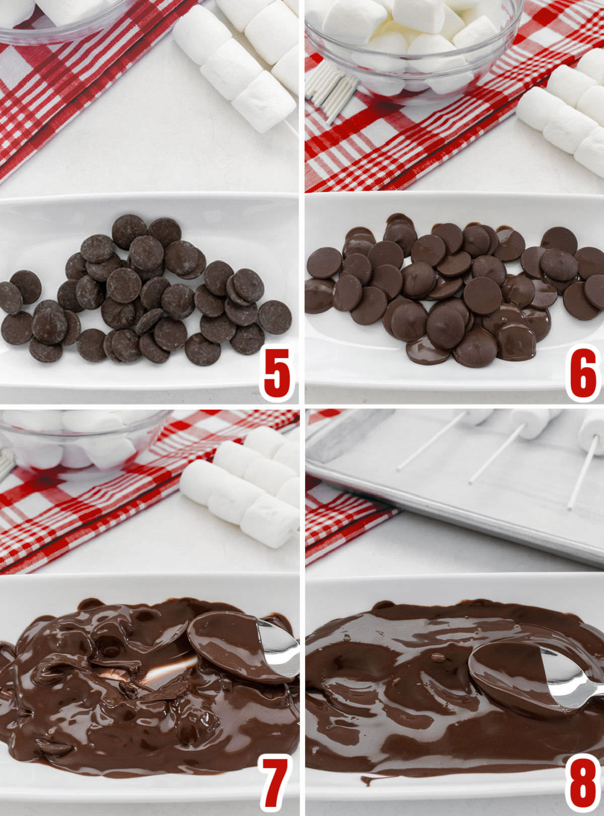 Collage image showing how to prepare the chocolate to coat the marshmallow pops.