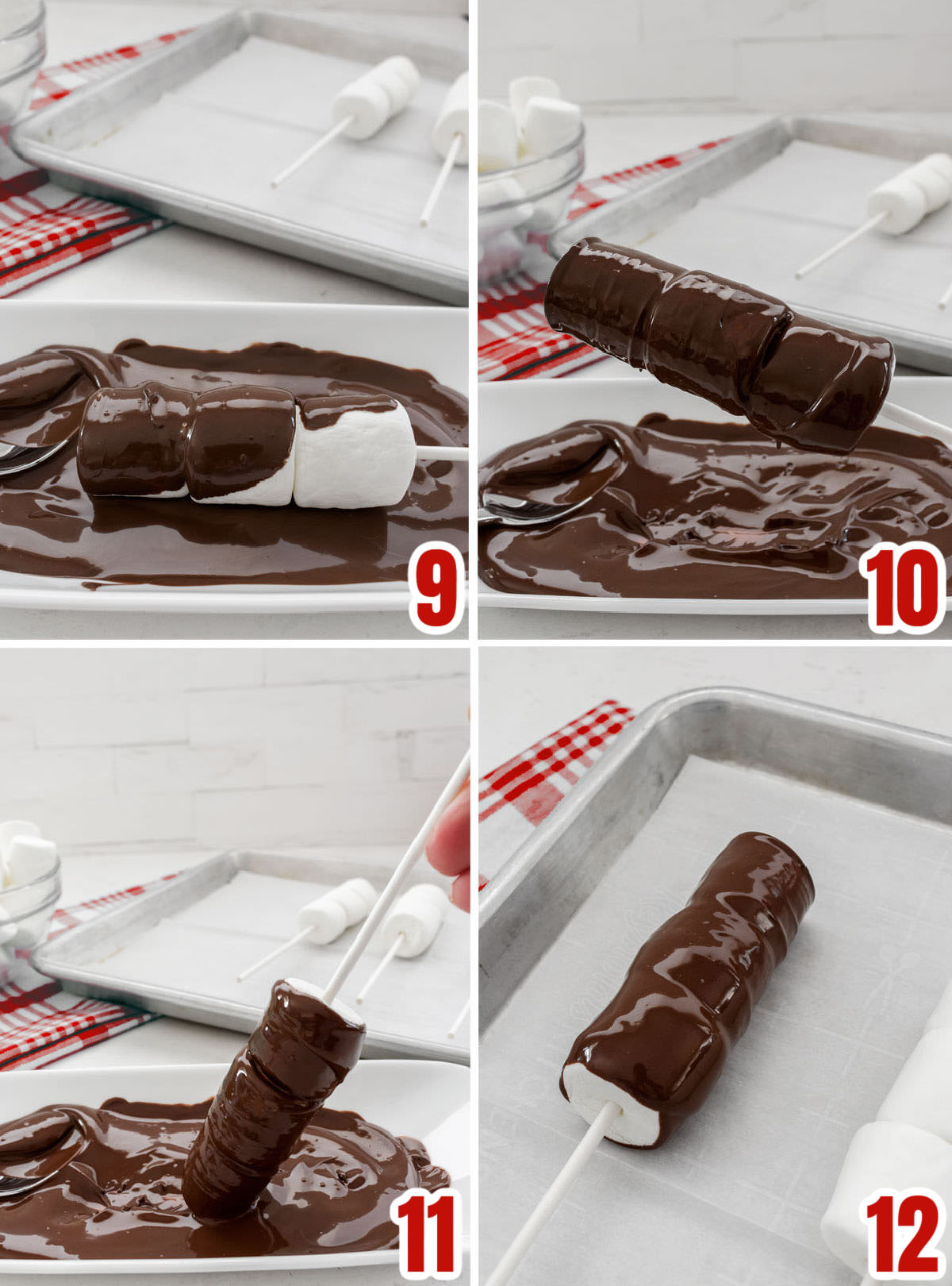 Collage image showing how to cover the Marshmallow Pop in chocolate.