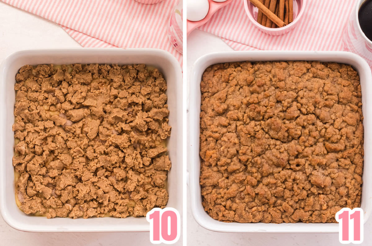 Collage image showing how the cake looks before going in the oven and after coming out of the oven.