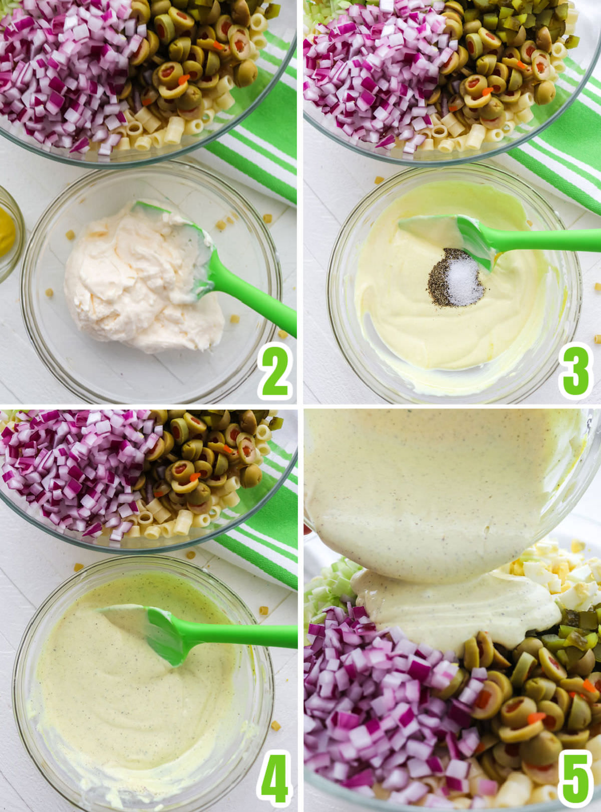 Collage image showing how to make the Macaroni Salad dressing.