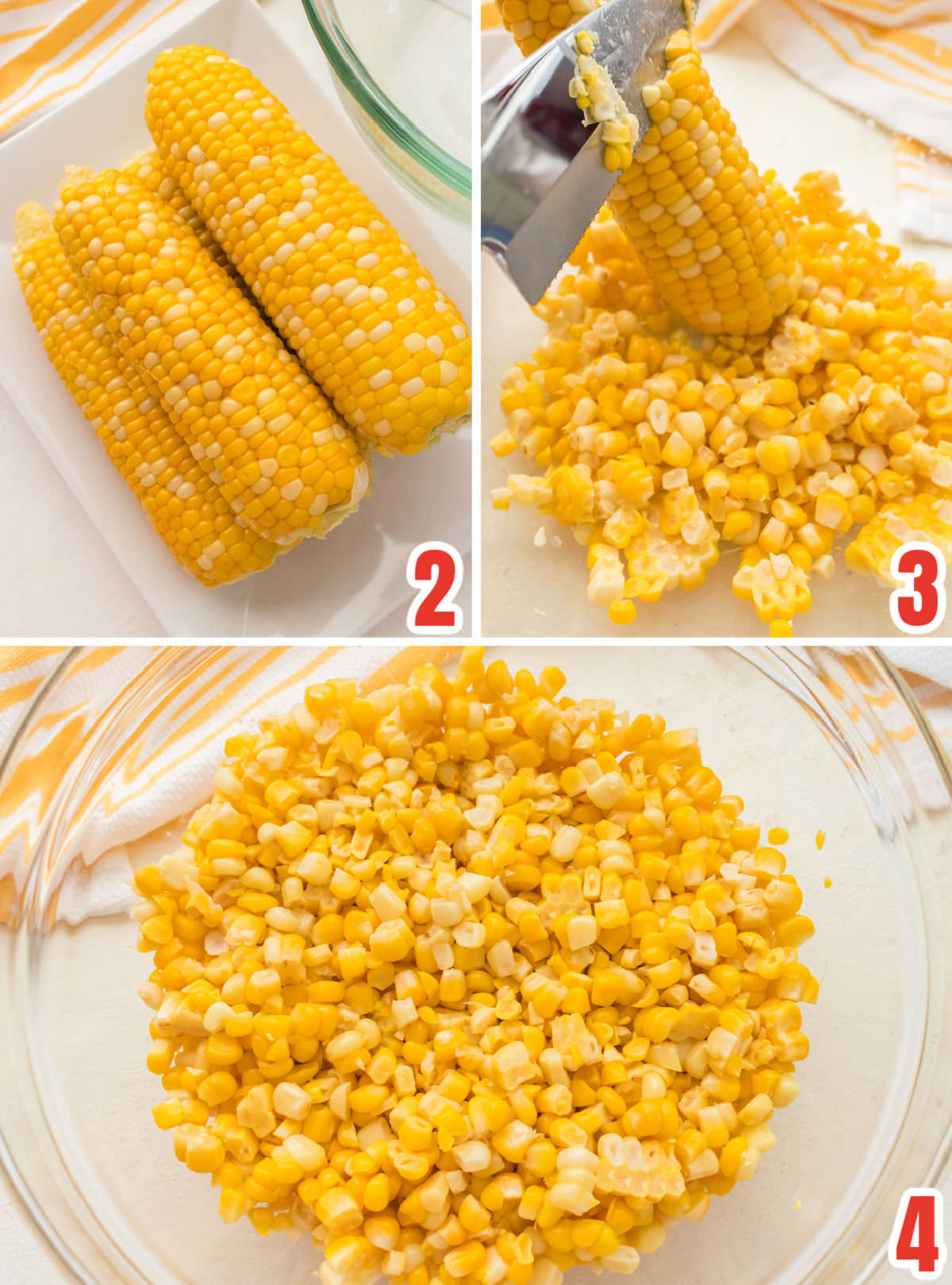 Collage image showing how to prepare the corn for the salad including cooking it, remove the corn from the ears and placing the corn in a bowl.