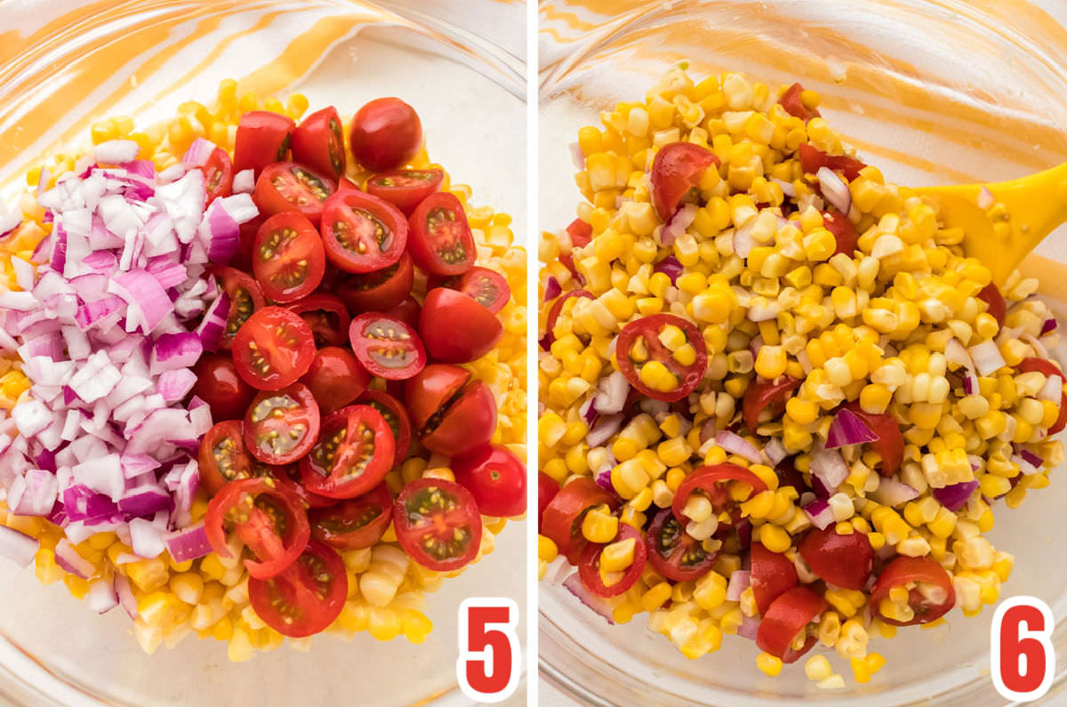 Collage image showing how to build the Summer Salad including add the cherries and red onion and the garlic basil dressing.