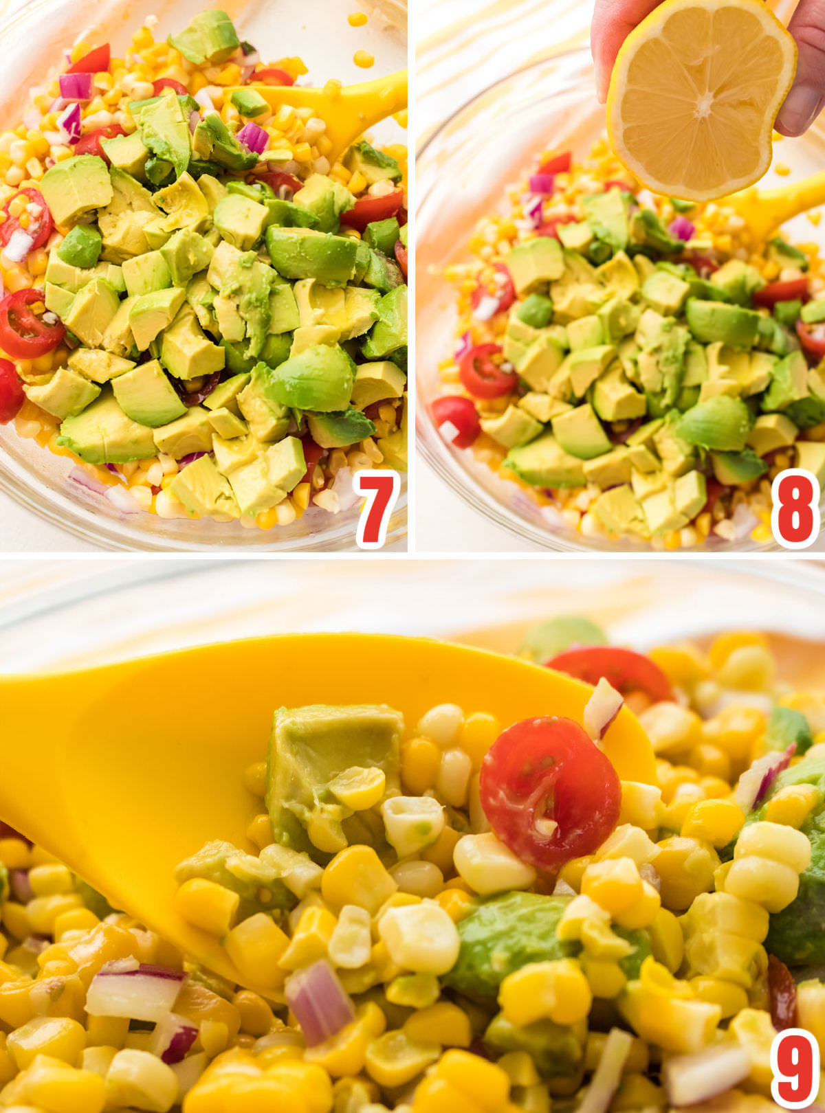 Collage image showing the steps for assembling the Corn Salad including adding the avocado and lemon juice.