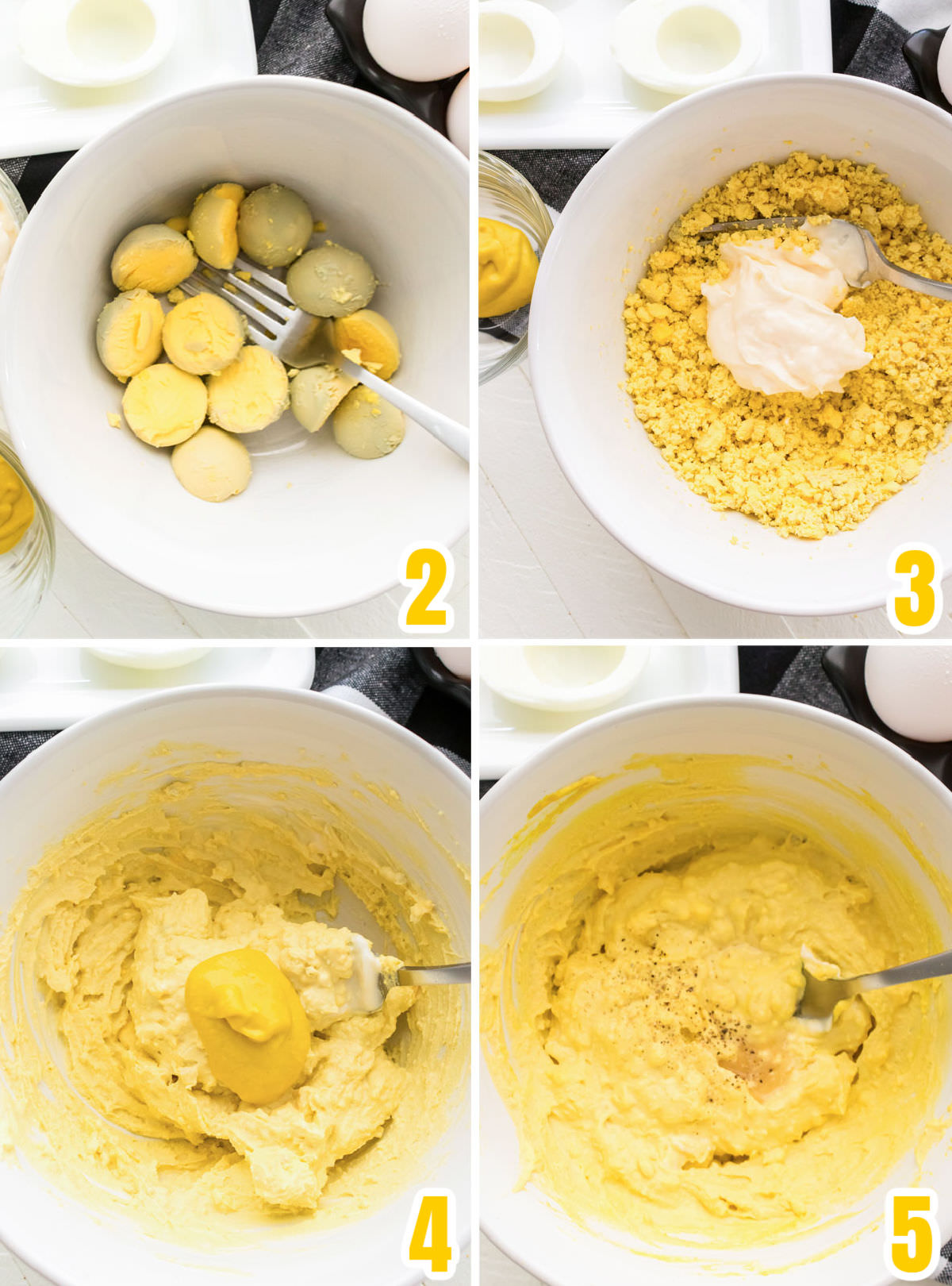 Collage image showing how to make the egg mixture for Deviled Eggs.