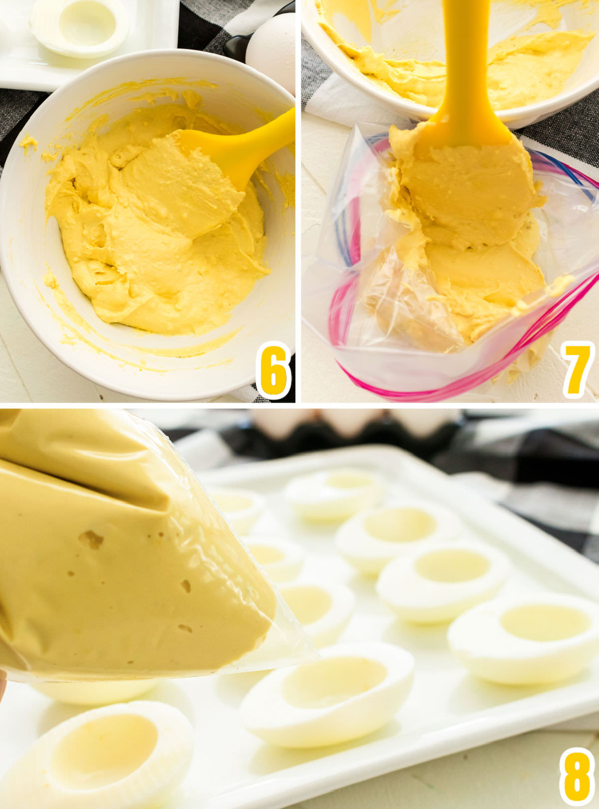 Collage image showing how to pipe the egg mixture into the hard-boiled egg pieces.