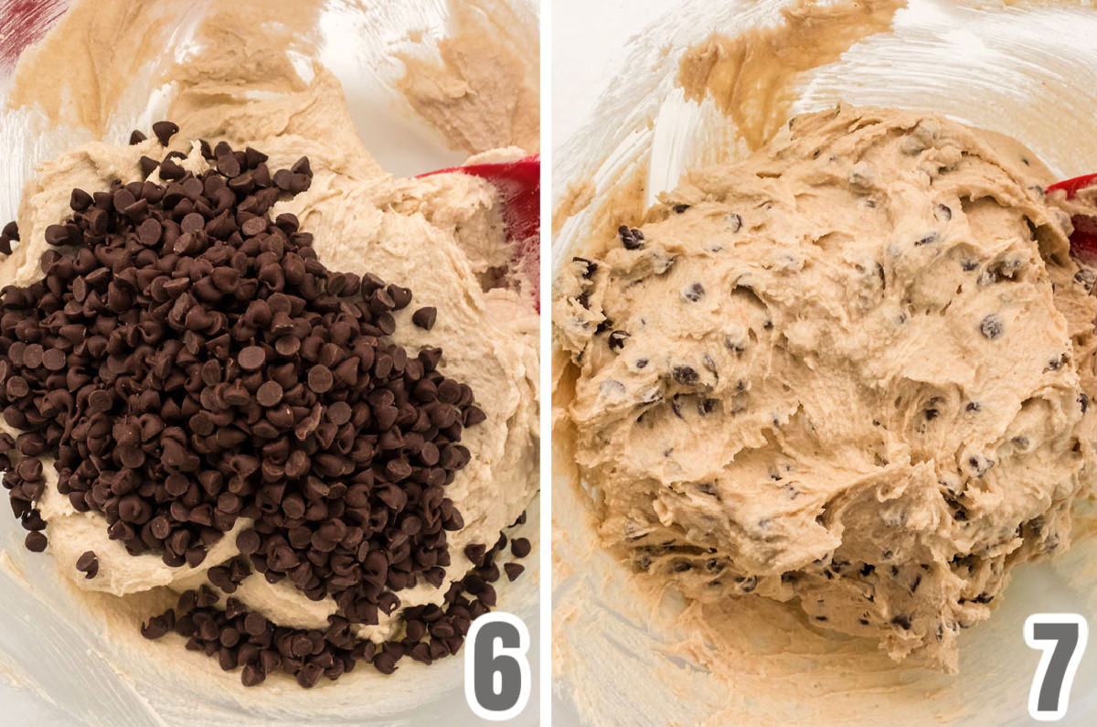 Collage image showing how to add the chocolate chips to the cookie dough.