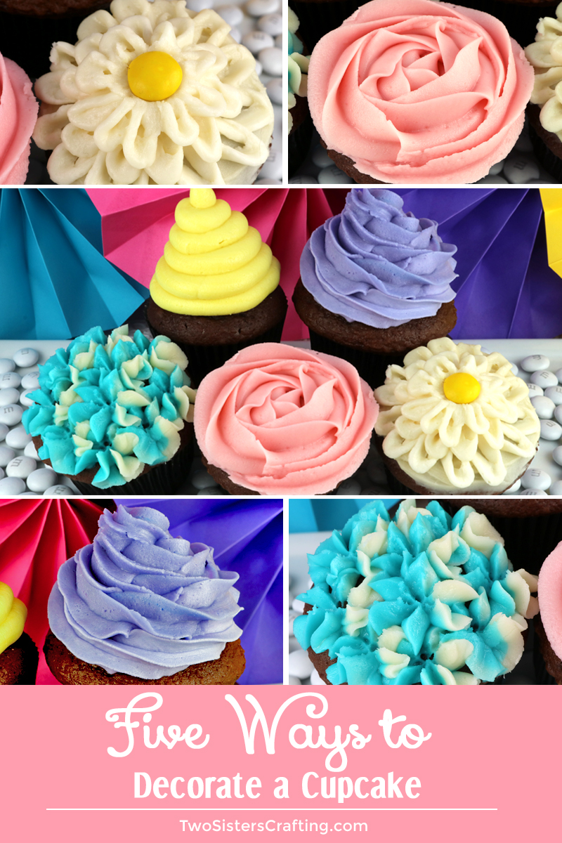 If you need a little bit of inspiration, here are how-to videos and a list of the tools you'll need for Five Ways to Decorate a Cupcake. #Frosting #Cupcakes #BakingTips #TwoSistersCrafting