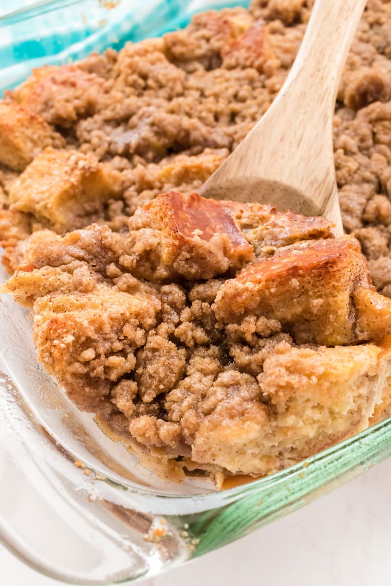 French Toast Breakfast Casserole in a glass baking dish just out of the oven