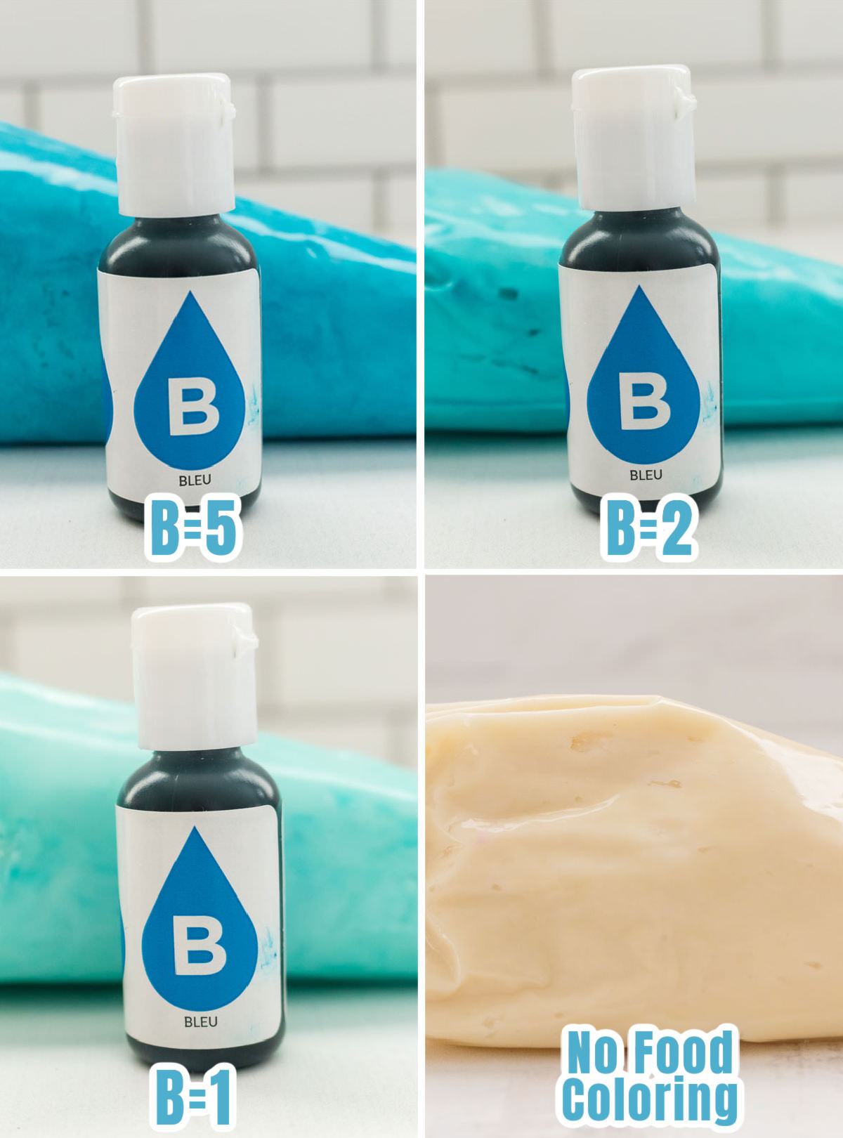 Collage image showing the food coloring formulas for making teal ombre buttercream frosting.