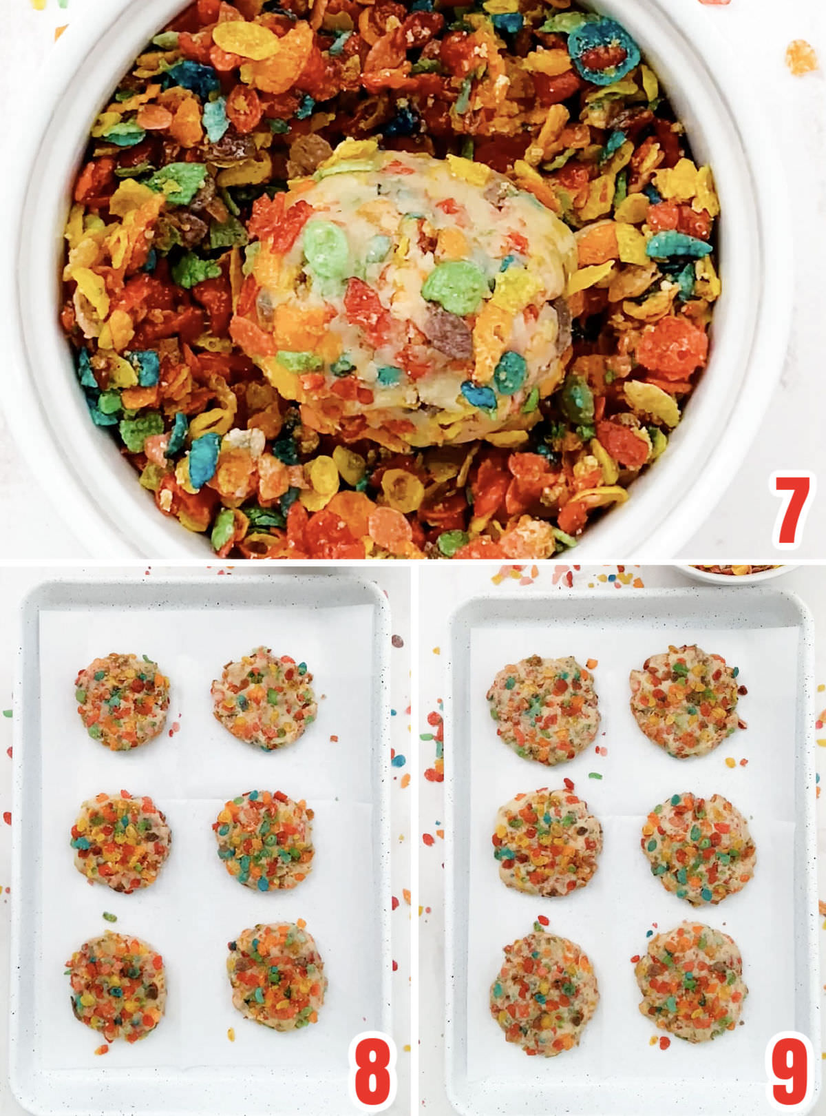 Collage image showing the Fruity Pebbles cookies before they go in the oven and after they come out of the oven.
