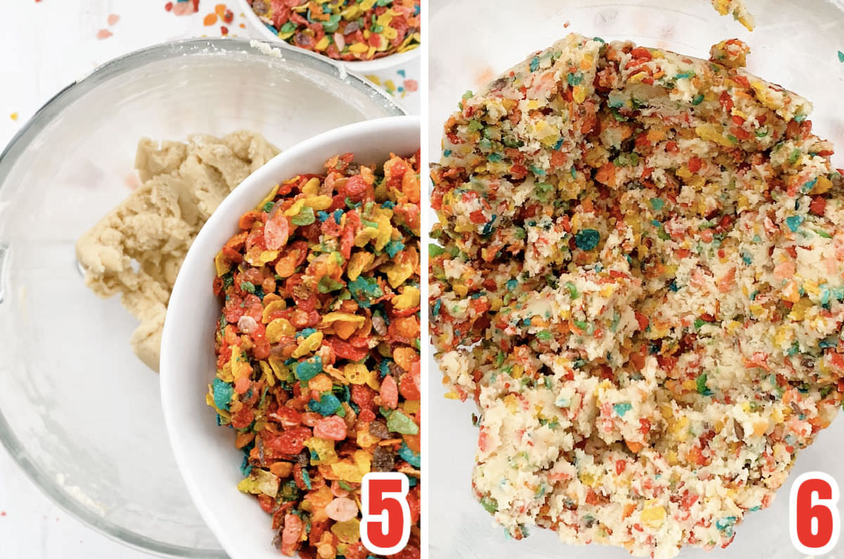 Collage image showing how to make the Fruity Pebbles cookie dough.