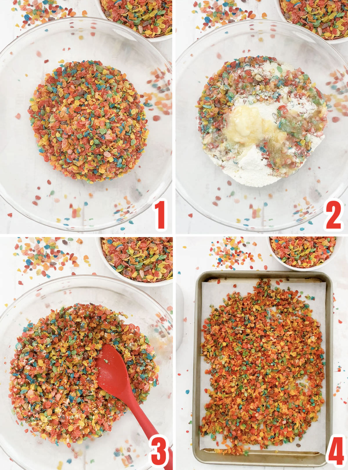 Collage image showing how to make the Fruity Pebbles Crumble.