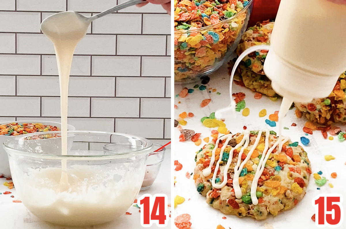 Collage image showing how to drizzle the Cereal Milk Icing over the Fruity Pebbles Cookies.