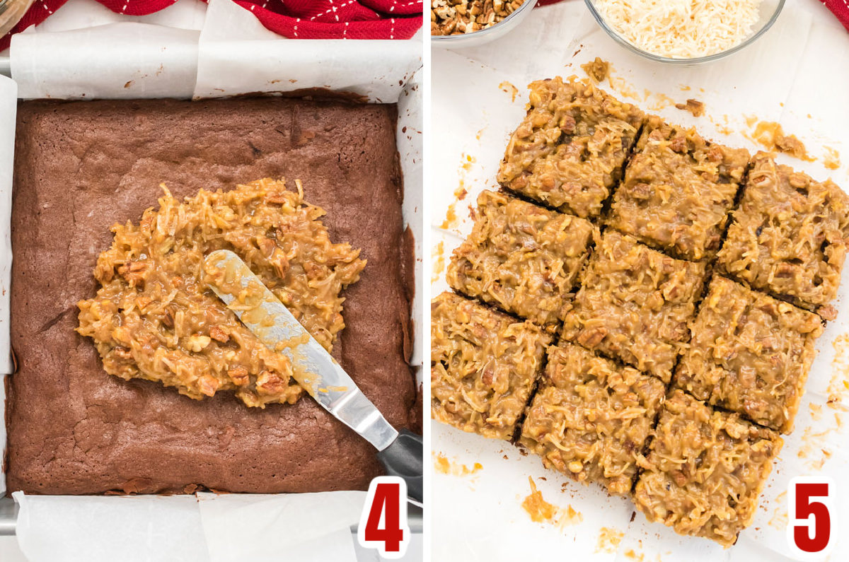 Collage image showing the steps for frosting the brownies with the Coconut Pecan Frosting.