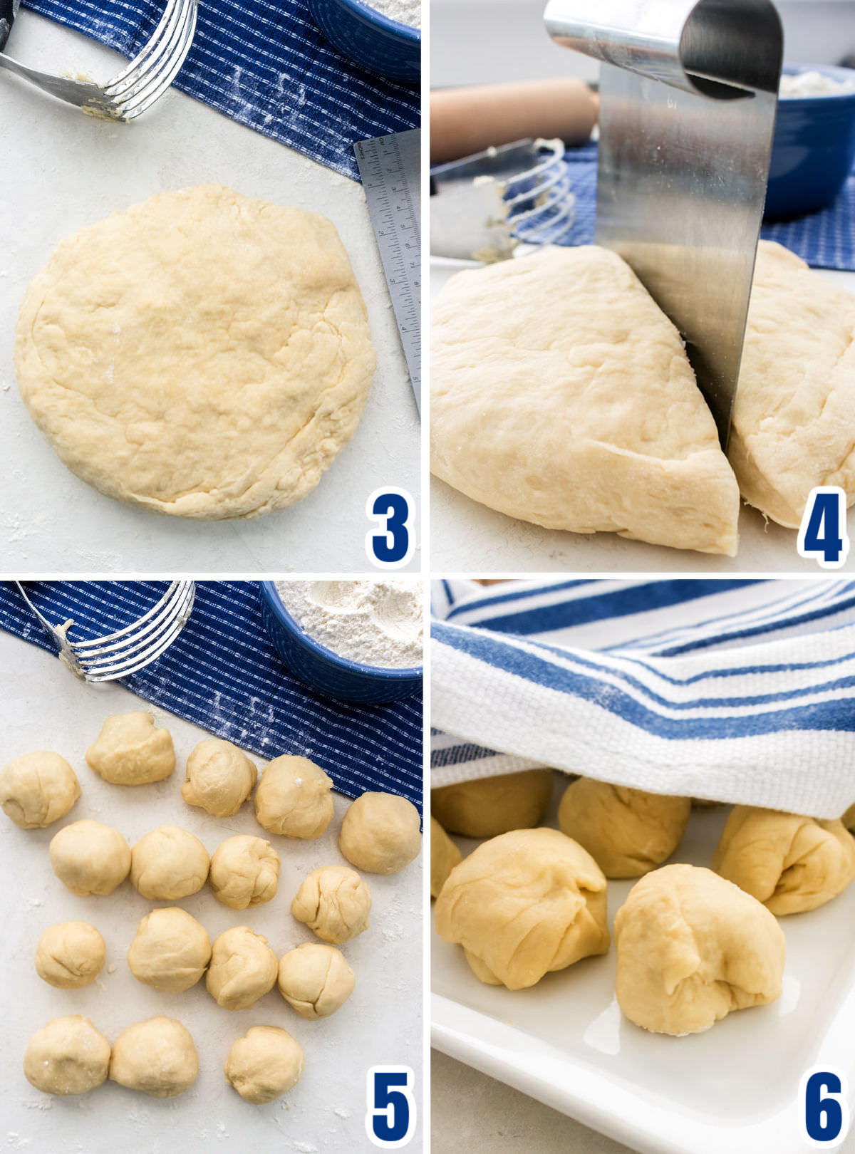 Collage image showing how to separate the tortilla dough into pieces ready for rolling out.