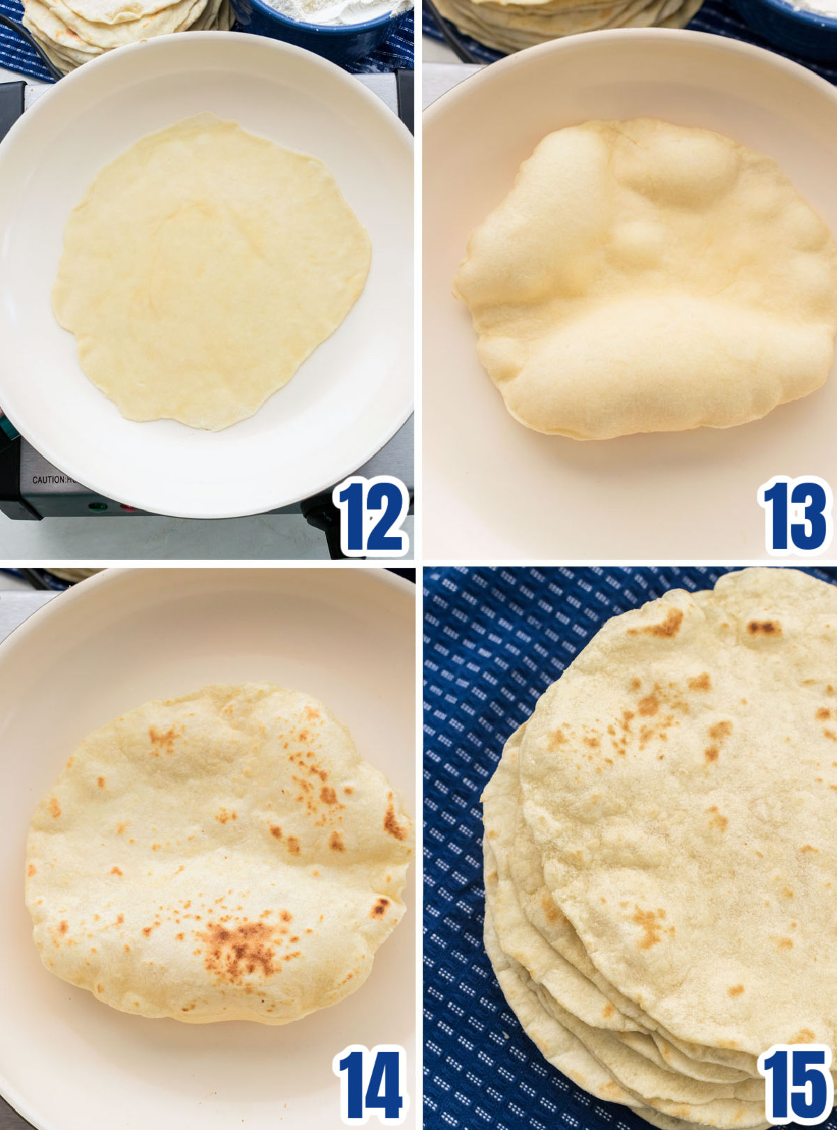 Collage image showing the steps for cooking the tortillas in a pan on the stove.