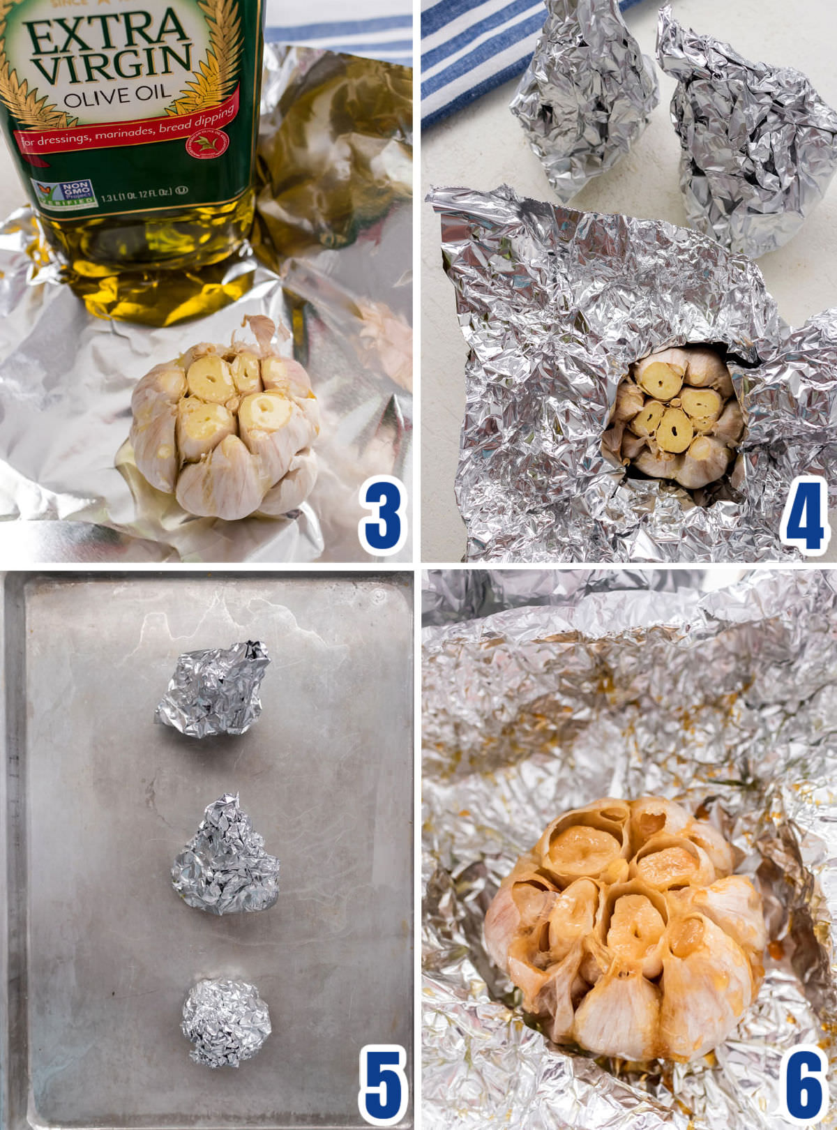 Collage image showing the steps for roasting the head of garlic in the oven.