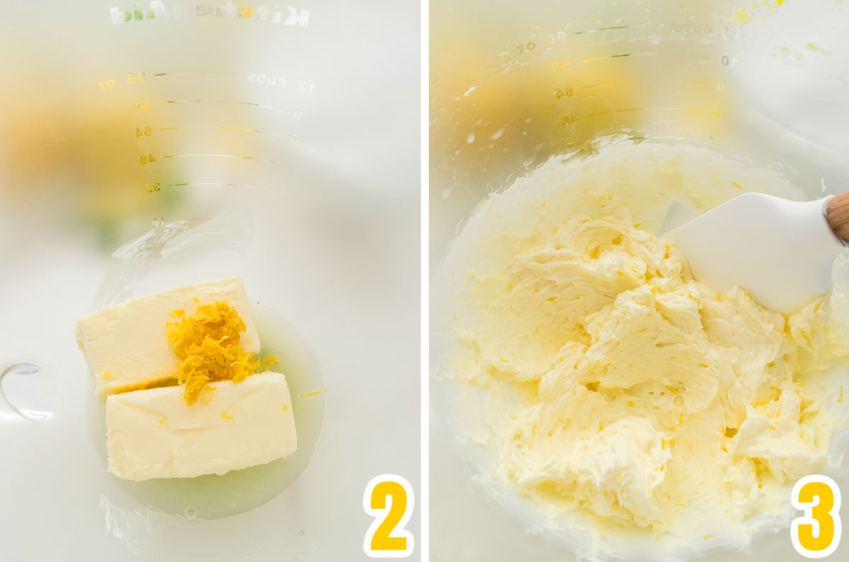 Collage image showing how to cream the butter, lemon juice and lemon zest.
