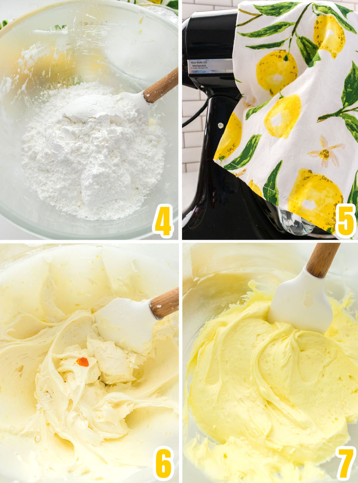 Collage image showing how to add the powdered sugar to the frosting mixture.