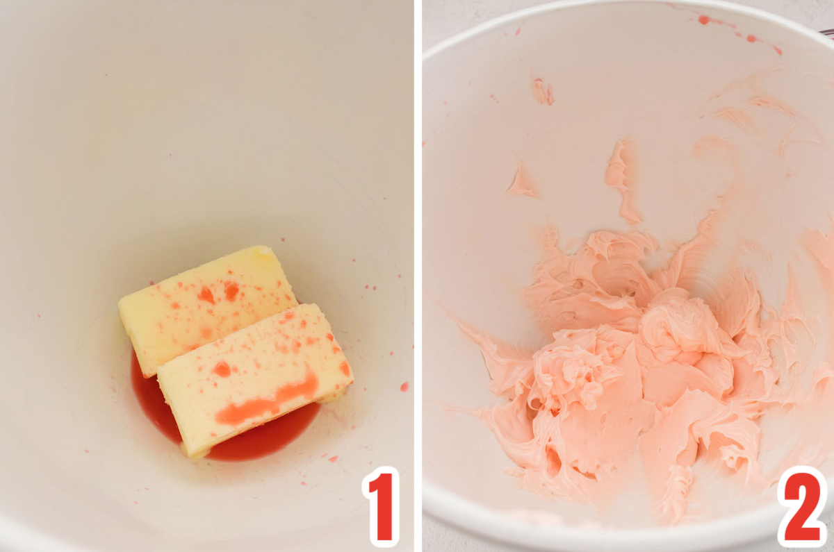 Collage image showing how to cream the butter and the cherry juice together to achieve the best flavor.