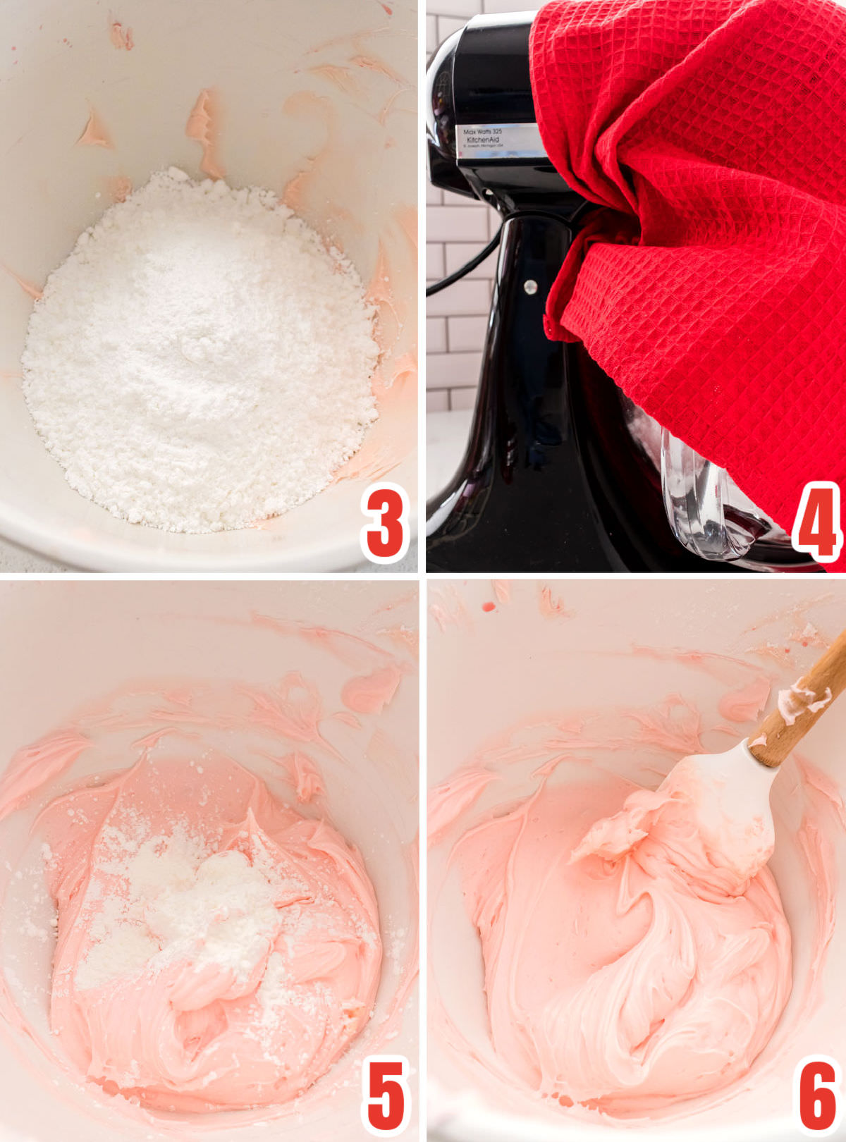 Collage image showing how to add the powdered sugar to the Cherry icing recipe.