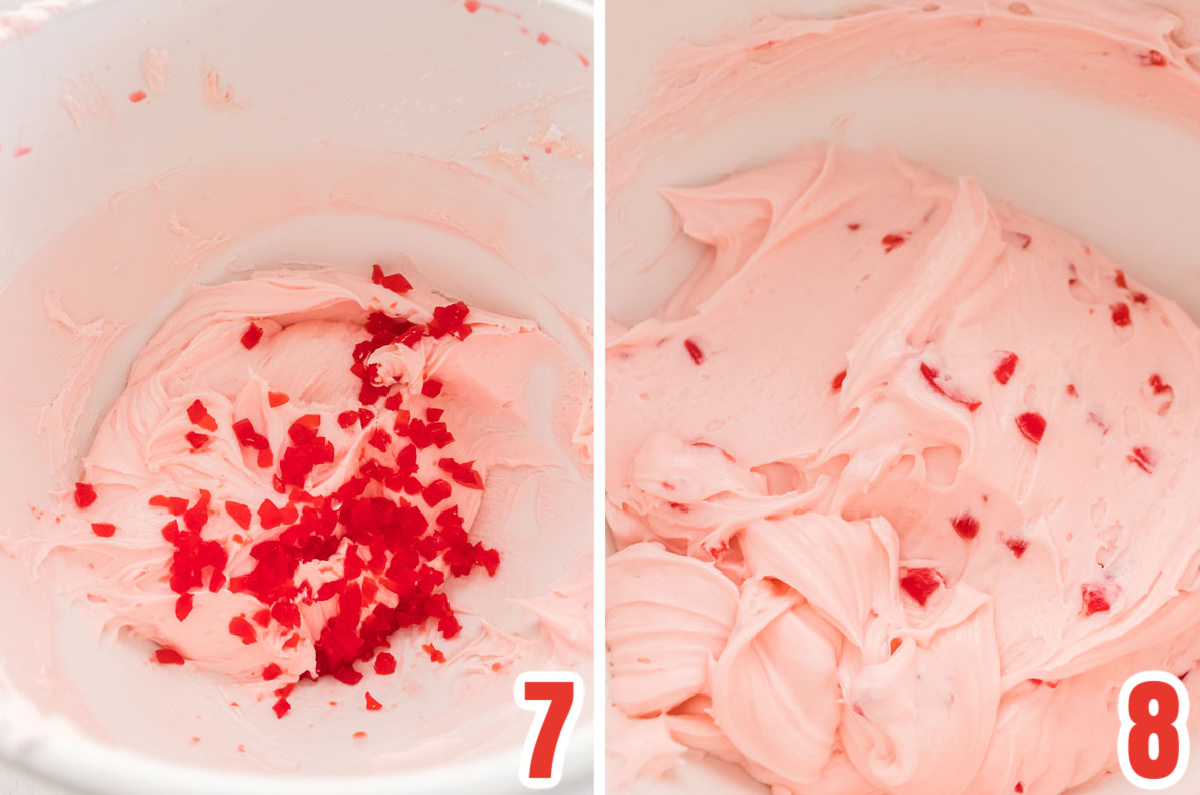 Collage image showing how to added the chopped cherries to the frosting.