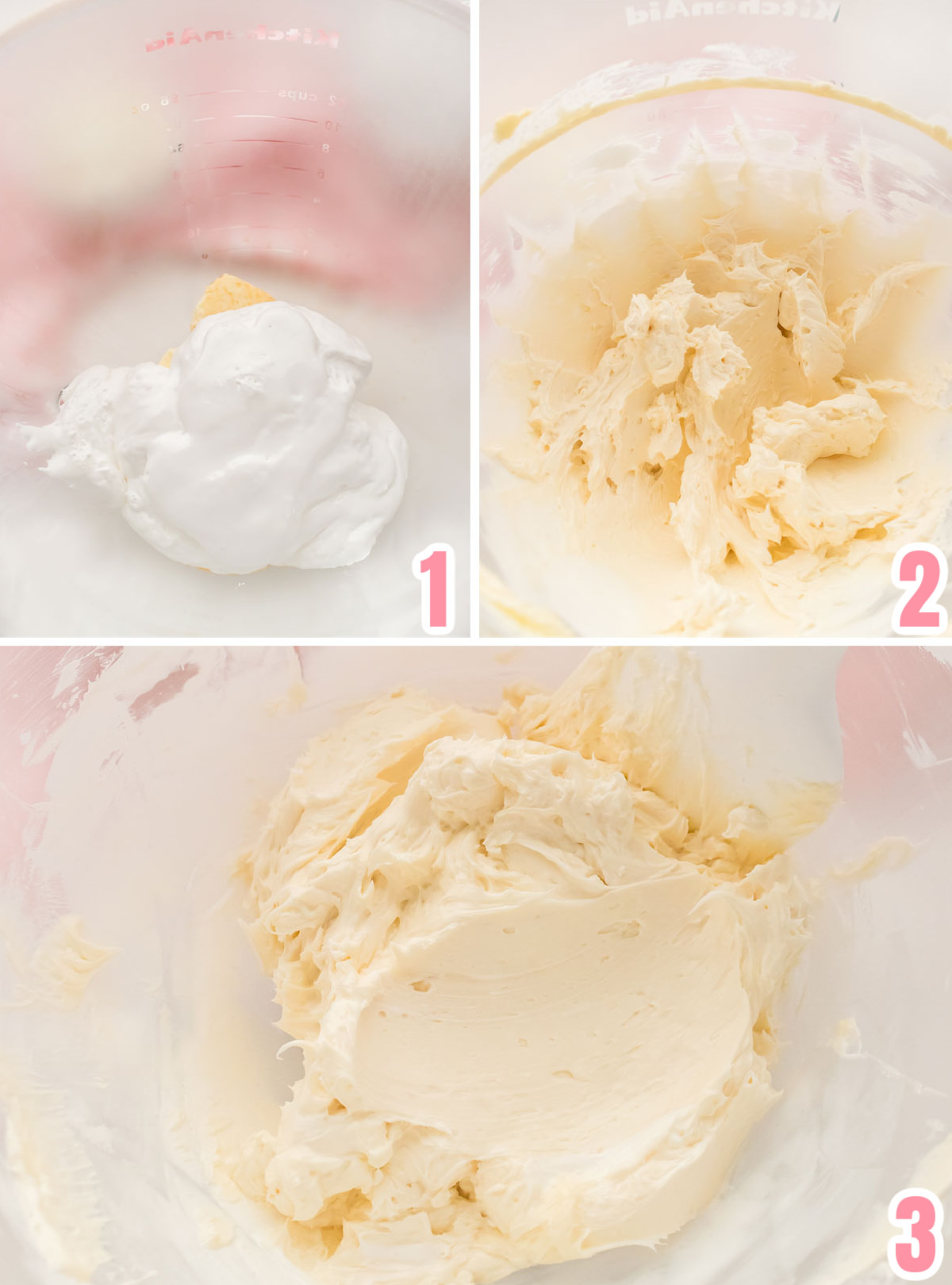 Collage image showing how to mix the Marshmallow Fluff and the Butter.