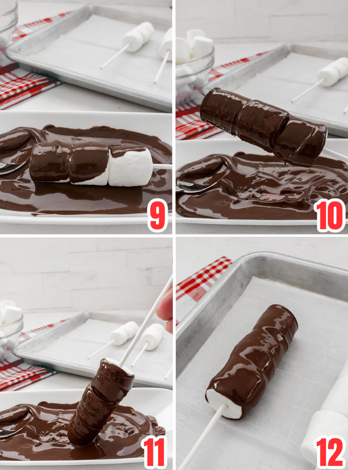 Collage image showing the steps for covering marshmallow pops with melted chocolate.