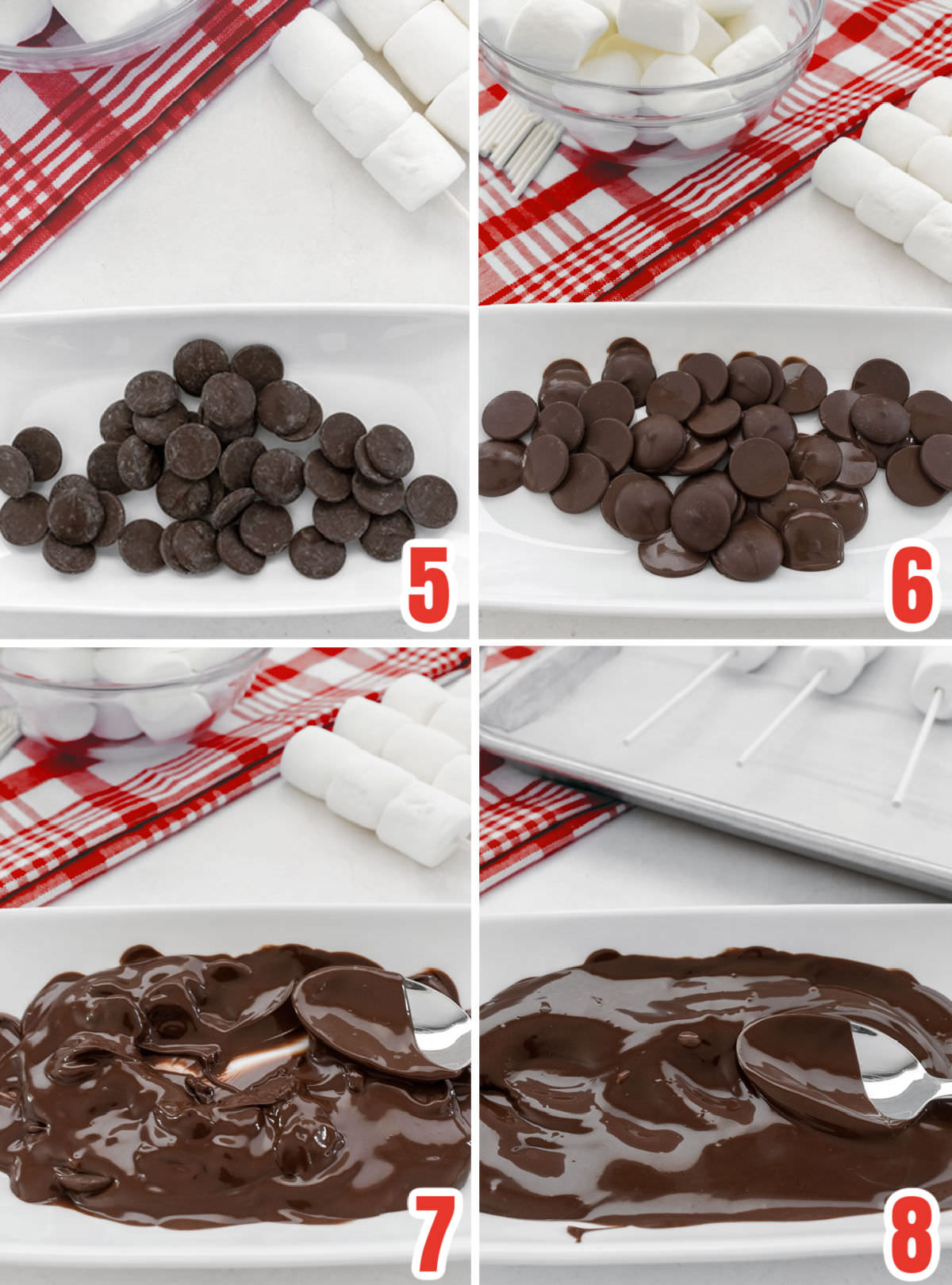 Collage image showing how to melt the chocolate melting wafers in the microwave.