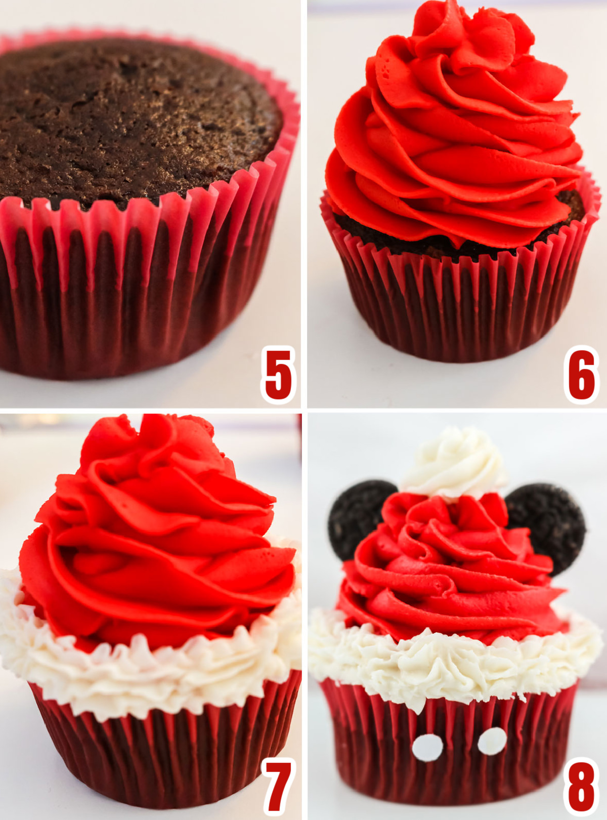 Collage image showing the steps for creating the Santa Hat from red and white frosting.
