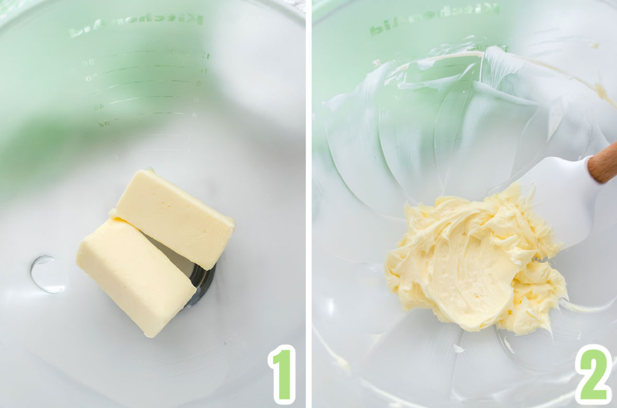 Collage image showing how to cream the butter and the peppermint extract to make the perfect mint flavored frosting.
