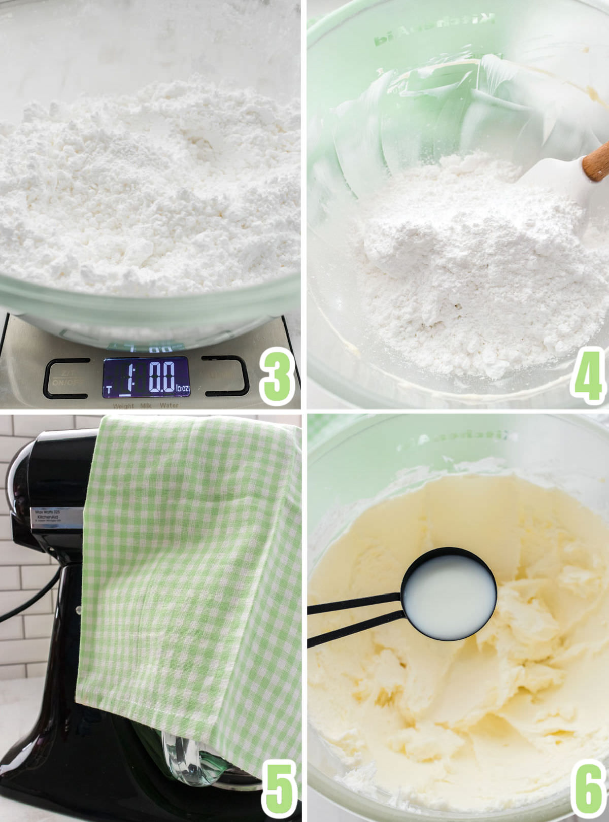 Collage image showing how to add the powdered sugar to the butter mixture to make the perfect mint frosting.
