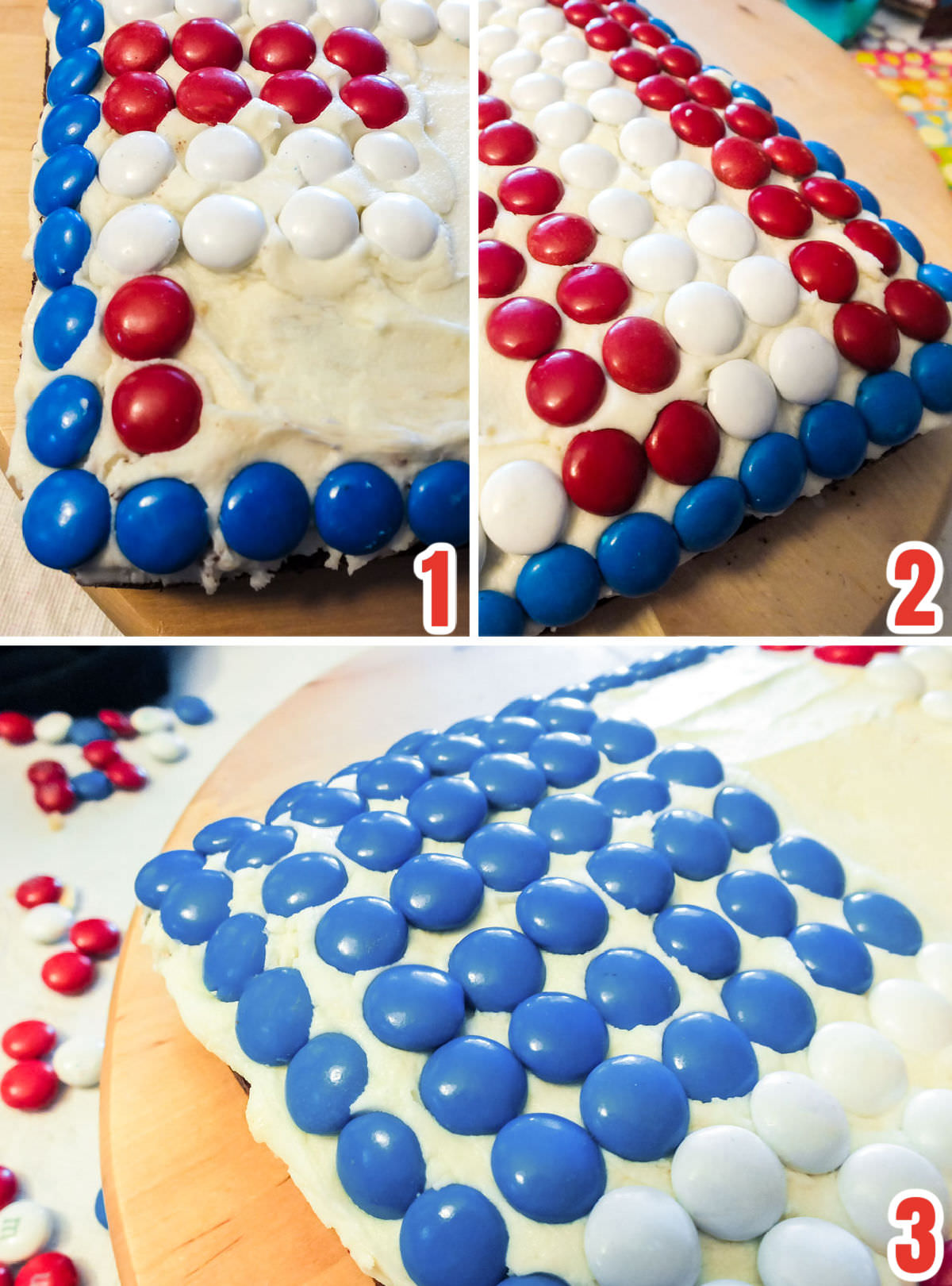 Collage image showing all the steps necessary to create an American Flag Cake using Red White and Blue M&M's.