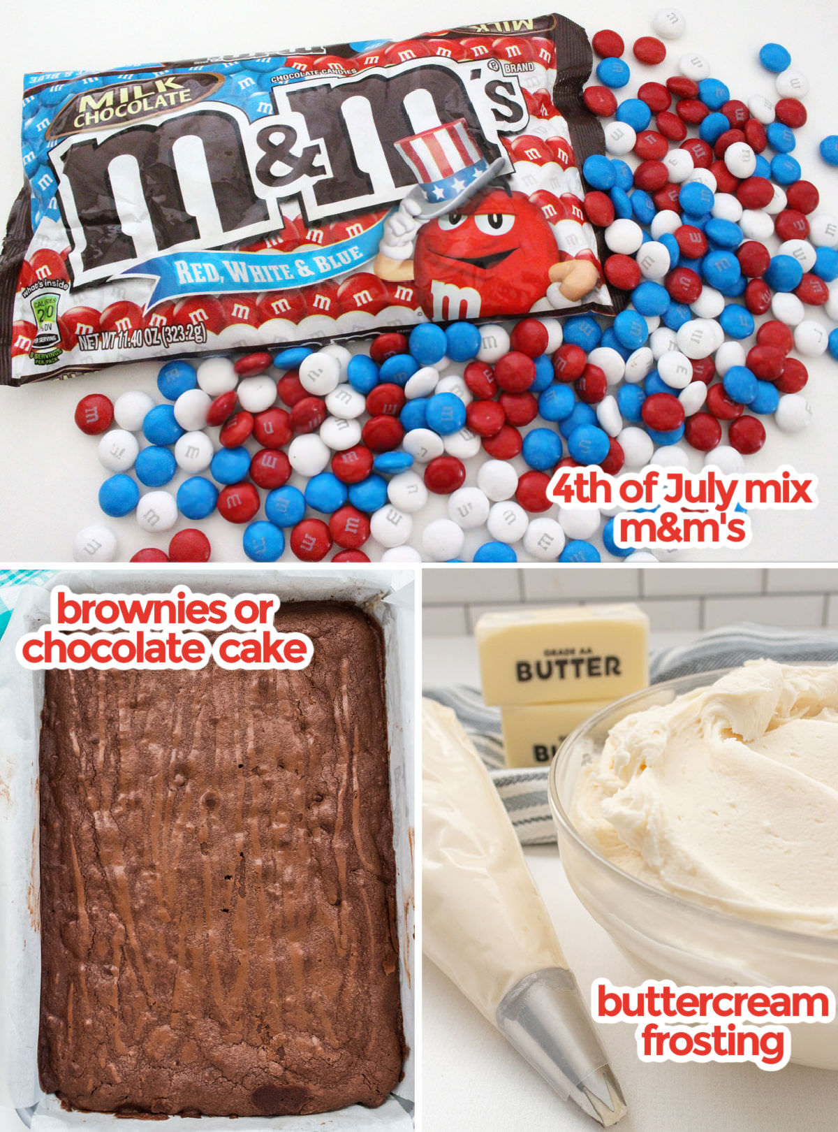 All the ingredients you will need to make an American Flag cake including Red White and Blue M&M's, Buttercream Frosting and a 9x13" cake.