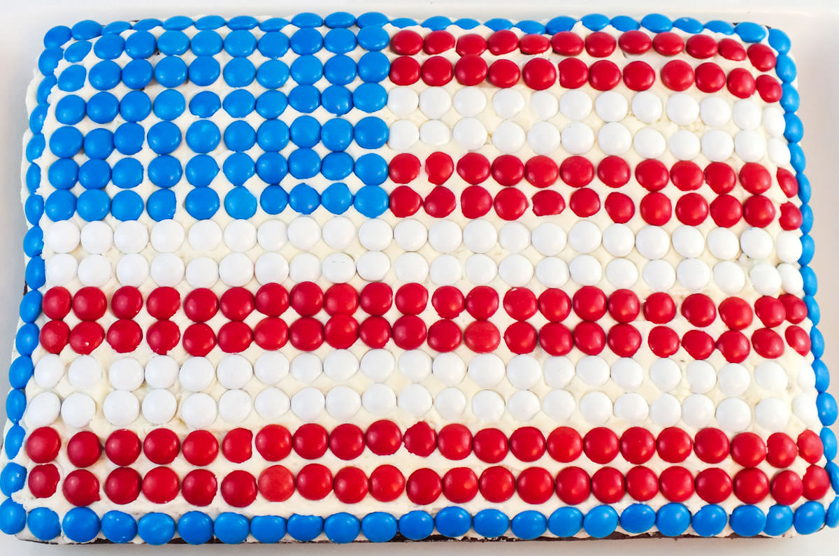 Closeup of the top of an American Flag Cake made with Red White and Blue M&M's.