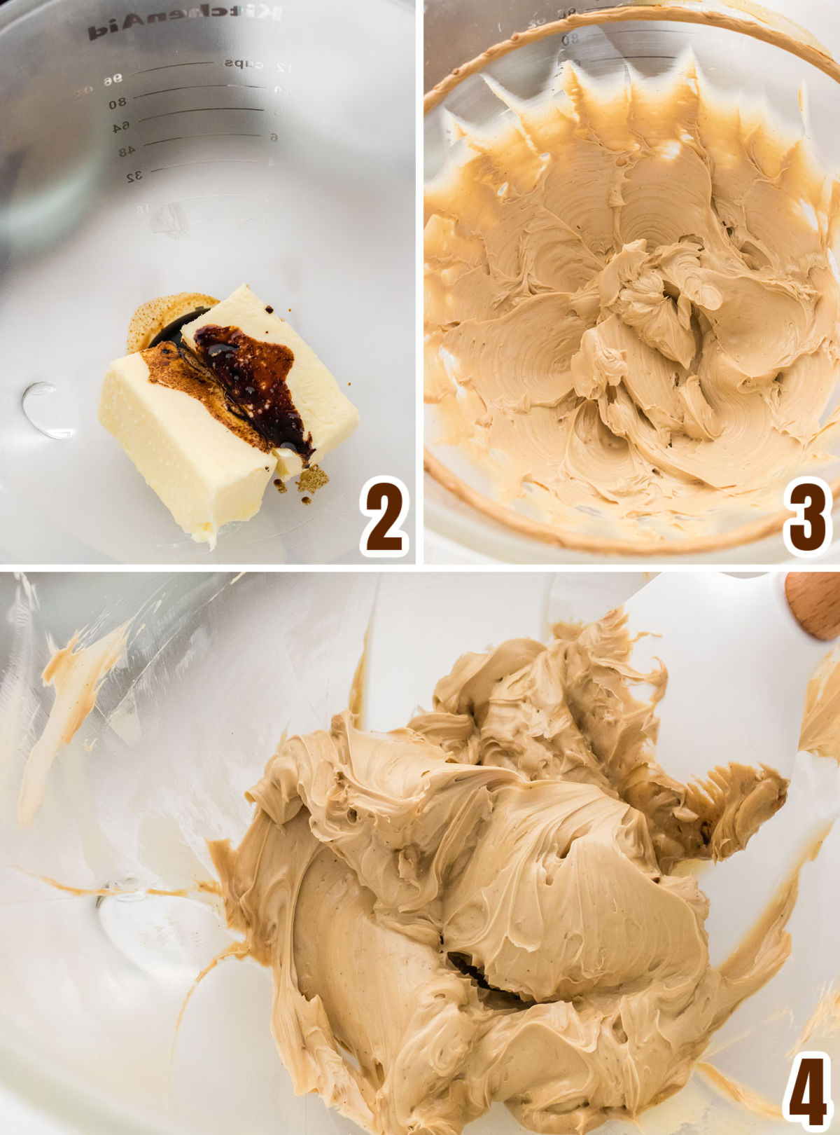 Collage image showing how to mix together the butter and the coffee mixture for the best flavored frosting.