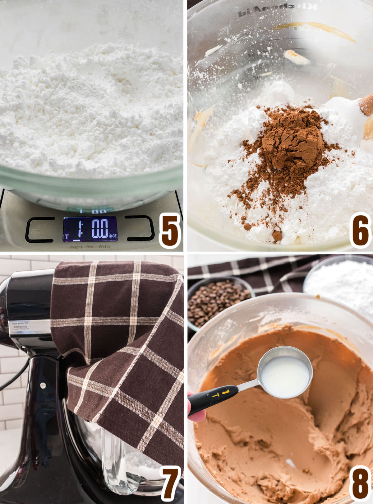 Collage image showing how to add the powdered sugar to the mocha frosting.