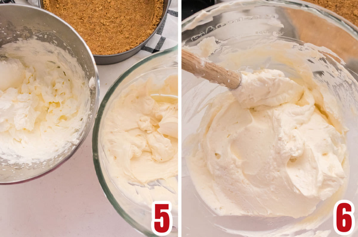 Collage image showing to to make the cream cheese filling for the no bake cheesecake