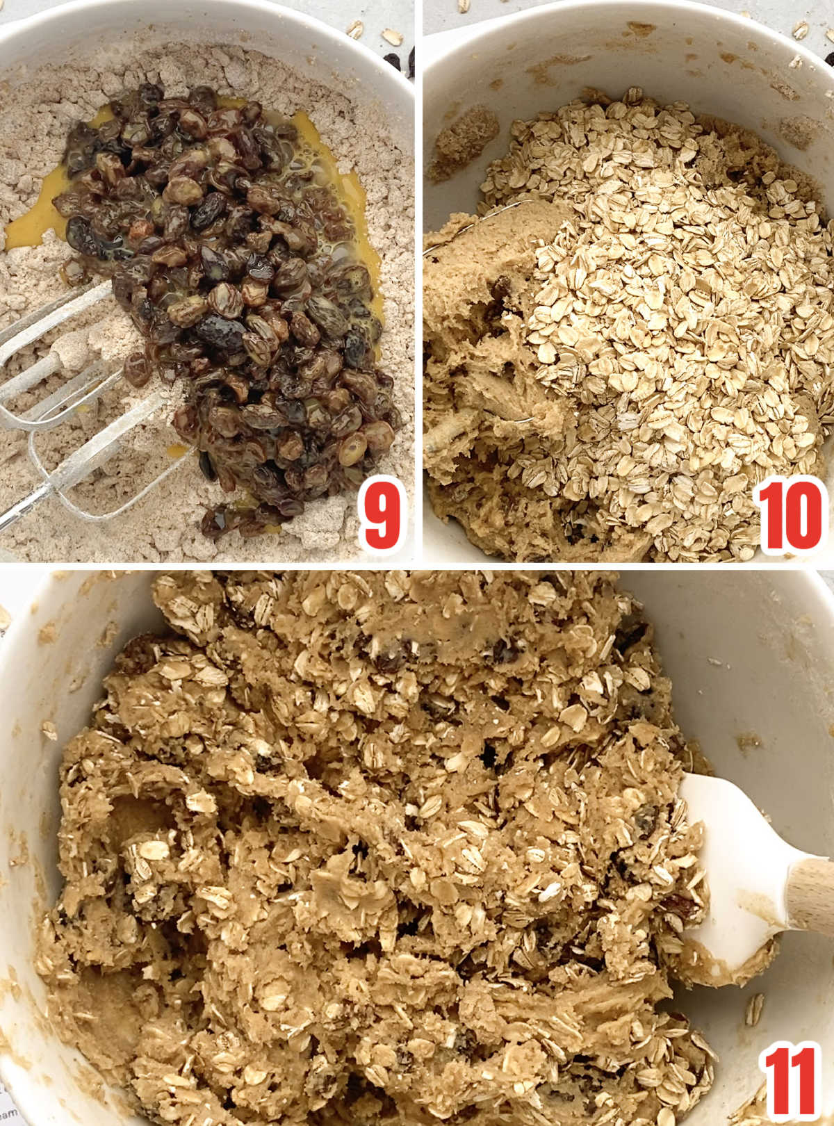 Collage image showing how to add the raisin egg mixture and the oatmeal to the oatmeal cookie dough.