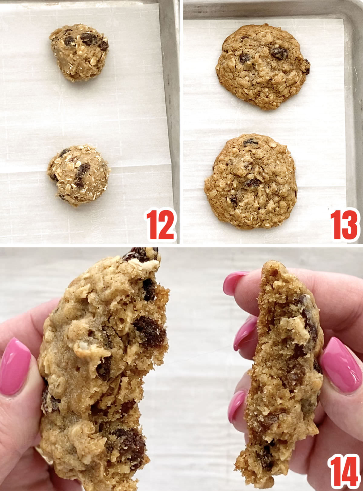 Collage image showing the Oatmeal Cookies before they go in the oven and after they come out of the oven.