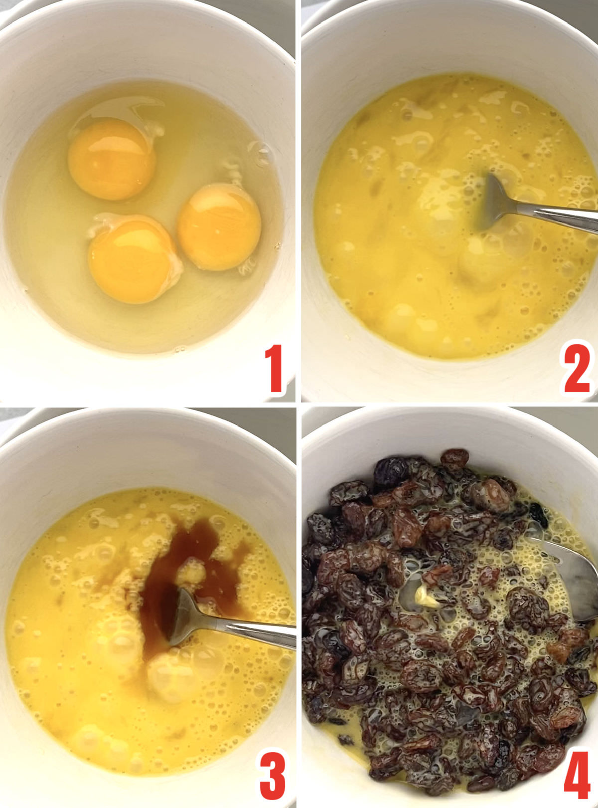 Collage image showing how to prepare the raisins to soak in the egg and vanilla mixture.