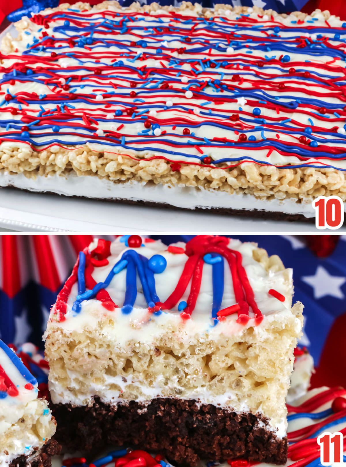 Collage image showing the four layers of the Brownie Rice Krispie Treat before being cut into pieces and after being cut into pieces.