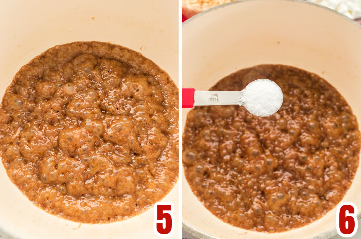 Collage image showing how to add the Kosher salt to the caramel mixture.