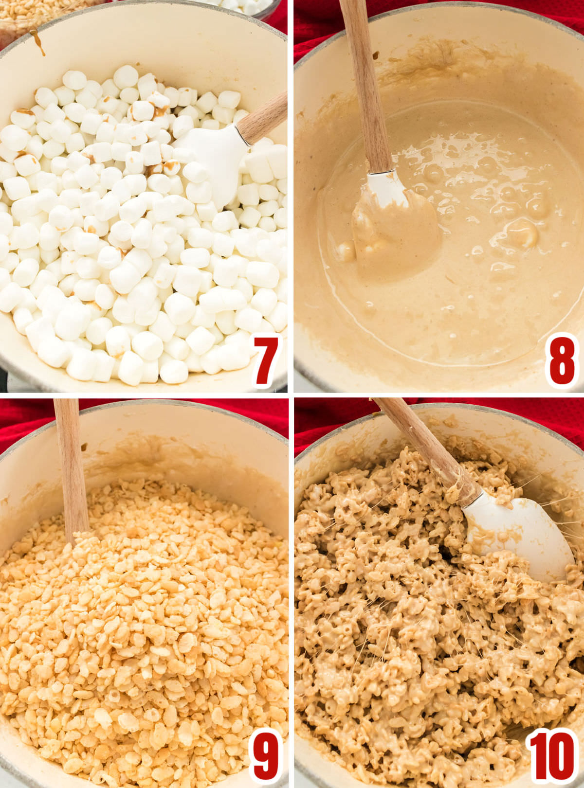 Collage image showing how to add the marshmallows and the Rice Krispie Cereal into the salted caramel mixture.