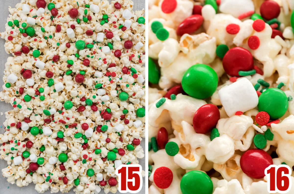 Collage image showing how to add the Christmas Candy Mix-in's into the Santa Crunch Popcorn. 