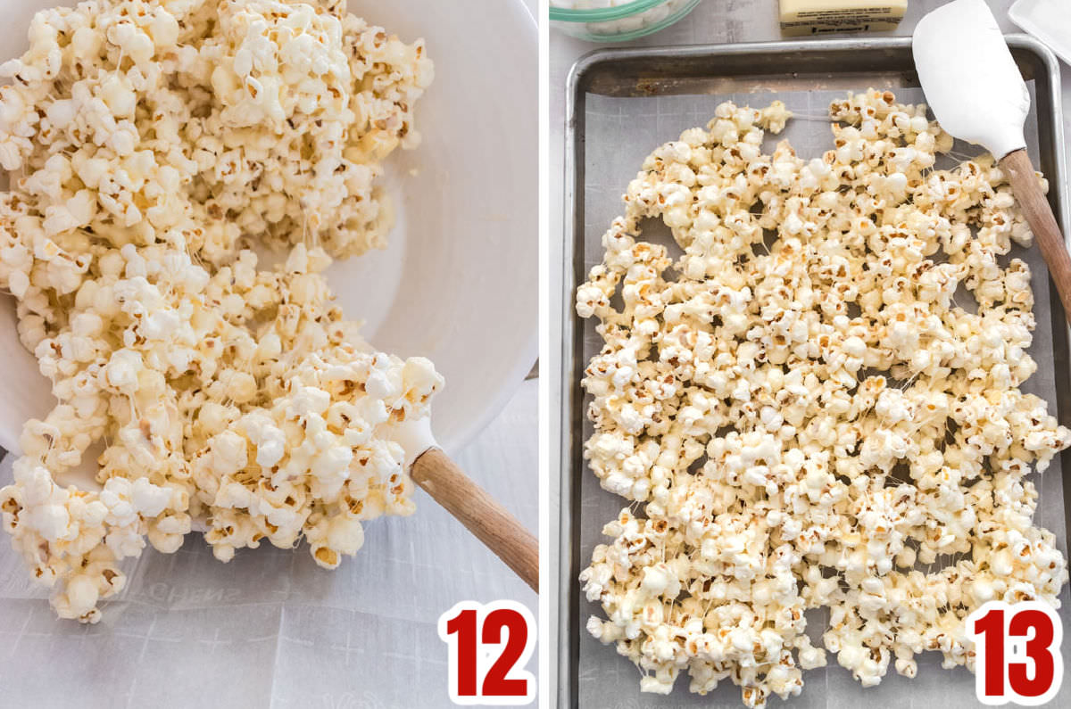 Collage image showing how to pour the marshmallow popcorn out onto a cookie sheet to cool.