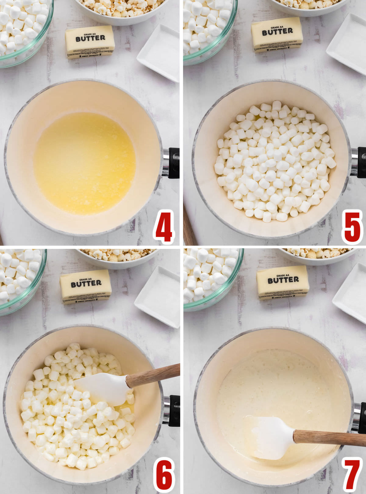 Collage image showing how to make the marshmallow mixture for the popcorn.