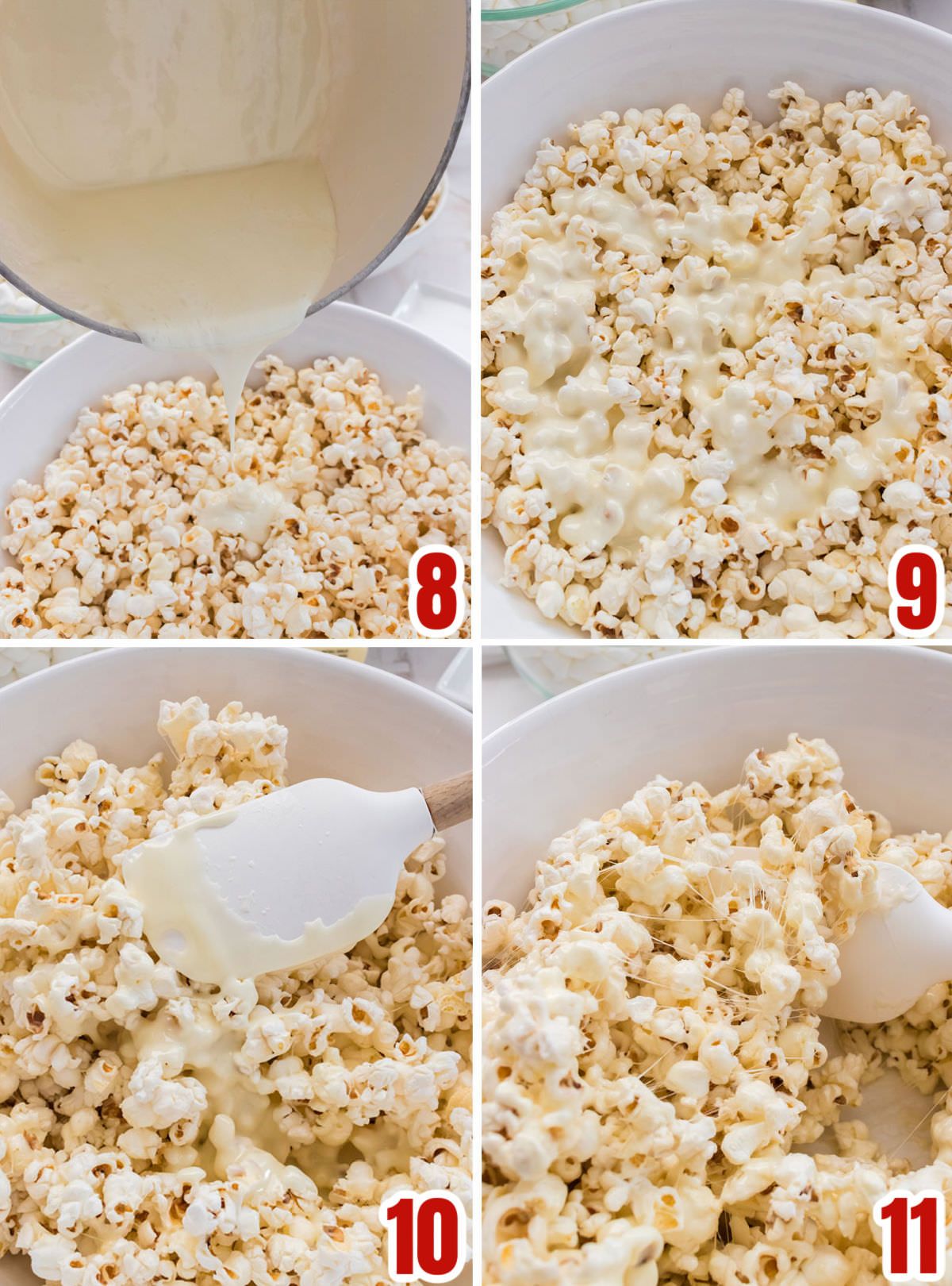 Collage image showing how to cover the popcorn with the marshmallow mixture.